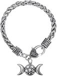 Triple Moon Goddess Amulet Wicca Pentagram Wheat Chain Bracelet for Women Men Pagan Jewelry, 7 8 inch, Metal