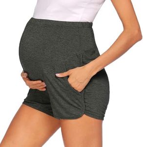 LOKTENPIE Maternity Athletic Shorts Stretchy Pregnancy Pants Over Belly Comfy Pajama Shorts Soft Jogger Stretchy Activewear with Pockets(Dusty Gray, Small)
