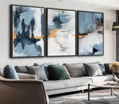 Large Framed Abstract Wall Art - Natural Framed Canvas Pictures for Living Room Modern Canvas Prints Grey Blue for Bedroom, Black Float Frame Art for Home Office Kitchen Decor 60cm X 90cm X 3pcs