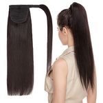 MY-LADY Ponytail Extension Human Hair 14 Inch Natural Black Wrap Around Drawstring Real Remy Hair Ponytail Long Straight Pony Tail for Women Kids Clip in Hairpiece 80g