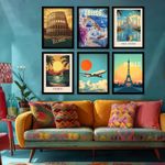 Kotart Modern Art City Vibes Wall Décor - Retro Travel Theme Wall Poster with Frame for Room Office Living Room Hotel Home Decor - Photo Frames - Framed Posters / Paintings Set of 6 retro Wall Decor - (Art 1, 13x17 inch, Framed)