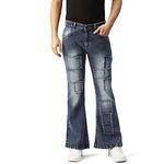 PARIS HAMILTON Men Indigo Blue Bootcut Fit Distressed Patched Stretchable Bellbottom Denim Jeans 26"