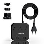 European Plug Adapter, Unidapt US to UK Europe Power Strip for EU/UK/US with USB C and 4 USB Ports, 3 AC Outlets, Wall Mountable, 5ft Extension Cord, for Travel Cruise Ship Black