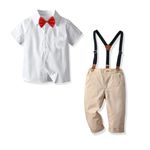 CosmicKolors Stylish Gentleman White Half Sleeves Shirt and Suspender Style Pant Set with Bow Tie | Formal Clothing for Baby Boys (Style 4, 2-3 Years)