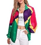 LOTUCY 80s 90s Jackets for Women Party Outfits Color Block Lightweight Windbreaker Zipper Front Long Sleeve Jacket, Purple Pink Yellow, X-Large