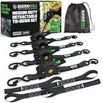 Rhino USA Retractable Ratchet Tie Down Straps (4PK) - 540kg Guaranteed Max Break Strength, Includes 2.5 cm x 3 m Autoretract Tie Downs with Padded Handles. Use for Boat, Securing Cargo - Black