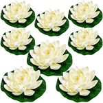 8Pcs Artificial Floating Pool Flowers, Ivory White Plastic Lotus Flower with Water Lily Pads, Pond Pool Lotus Ornaments for Patio Garden Aquarium Home Party Wedding Decor