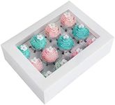 ONE MORE 15-Pack White Cupcake Boxes 12 Holders Cake Carrier Food Grade Pop-up Bakery Boxes 13.8 x 9.5 x 4inch with Inserts and PVC Windows Fits 12 Cavity Cupcake Pack of 15