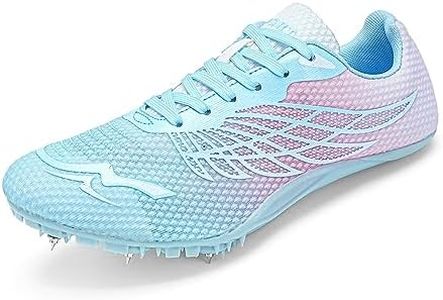 WESHIRUN Track and Field Shoes for Men Women 8 Spikes Boys and Girls Kids Running Racing Shoes, Pink, 7 Women/5.5 Men