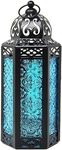 VELA LANTERNS Moroccan Candle Lantern Decorative Candle Holder Lamp for Table or Hanging, Ramadan Decorations, Indoor Home Decor, Outdoor Patio or Porch, Weddings, Black Metal, Blue Glass, Medium