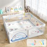 Dawnwake 150x180 cm Playard with Ocean Balls and Anti-Fall Grasp Rings, Large Playpen for Baby up to 5 Years with Safety Lock (NO Mat/Cushion, Non-Foldable) - Grey
