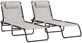 Outsunny Folding Chaise Lounge Pool Chair Set of 2, Patio Sun Tanning Chair, Outdoor Lounge Chair with 4-Position Reclining Back, Breathable Mesh Seat for Beach, Yard, Patio, Cream