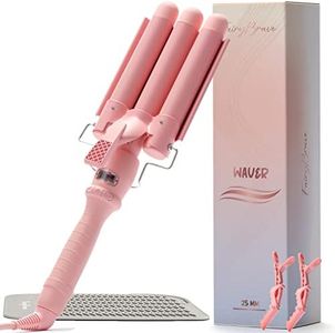 3 Barrel Curling Iron Wand - Triple Hair Waver & Crimper for Beach Waves Set, Ceramic Tourmaline with Adjustable Temperature - Beach Waver, Pink