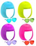 Colored Wigs with Flat Bangs 4 Pack,Neon Short Bob Wig,Wig Cap, Heart Bachelorette Sunglasses Pack Costume Colorful Cosplay Wig for St. Patrick,Christmas,Cosplay Wig Party and Night Club