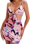 Eliacher Women's Satin Sexy Cutout Bodycon Mini Club Dress Sparkly Party Dresses, Floral Pink, Small