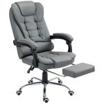 HOMCOM Executive Office Chair, PU Leather Home Office Chair with Swivel Wheels, Reclining Backrest, Retractable Footrest, Grey