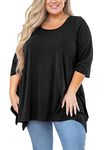 AusLook Womens Plus Size Tunic Top Summer 3/4 Sleeve Loose Fit Black 1x T Shirt Casual Blouse Flowy Tunics for Leggings