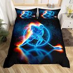 Feelyou Ice Hockey Duvet Cover Set Teens Puck Sport Fans Bedding Set for Kids Boys Girls Sports Games Theme Comforter Cover Gold Flame Ice Blue Decor Quilt Cover Bedroom Collection 2Pcs Twin Size