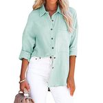 KCatsy Women Crinkle Crepe Solid Color Business Casual Top Pocket Oversized Plain Button-Down Long Sleeve Shirt Loose Blouse A Turquoise M 12