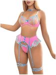 OYOANGLE Women's 6 Piece Mesh Floral Embroidery Lingerie Set with Garter Belt Choker Teddy Babydoll Pink Large