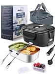 Buddew Electric Heated Lunch Box, 80W Fast Heating, 1.5L Food-Grade 304 Stainless Steel, 12V/24V/110V Portable Food Warmer for Car Truck Office Adults, Lonchera Electrica Portatil (Black)