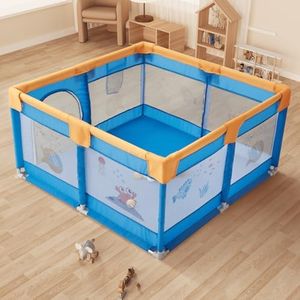 Dawnwake 120x120 cm Playpen for Baby up to 3 Years with Safety Lock & Anti-Fall Grasp Rings (No Ball/No Mat, Non-Foldable) - Blue