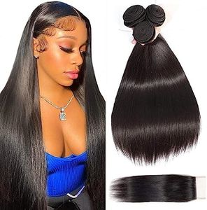 Angie Queen Brazilian Virgin Hair Bundles with Closure Straight Hair 100% Unprocessed Human Hair Weave With Lace Closure Nature Color 22 24 26+18 closure Straight Bundles with Free Part Closure