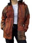 Handmade Patchwork Cotton Inner Fleece Unisex Hippie Jackets with Hoodie (Orange)