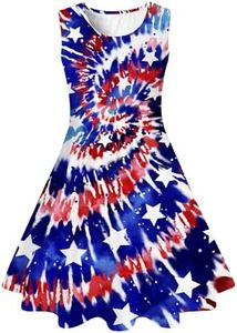 uideazone Size 7-8 4th of July Dresses for Girls Stars and Stripes Dress Summer Sleeveless Red White and Blue Dresses Crewneck Patriotic Sundress for Party Independence Day 7-8 Years
