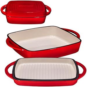 Bruntmor 2-in-1 Square Enameled Cast Iron Dutch Oven Baking Pan and Gridle Lid with Dual Handles, Cast Iron Skillet lid, Coating Gridle for baking, bacon,Steaks - Red