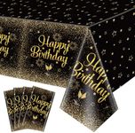 4 Pack Black and Gold Happy Birthday Tablecloths, 51x87'' Rectangle Black Gold Table Cover for Men Women Boys Girls Birthday Party Decorations Supplies