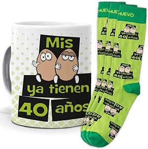 mundohuevo Taza trio de y calcetines, originales y personalizados, regalo cumpleaños. Mis huevos ya tienen 40 años. 1 calcetin gratis por el que se te pierde