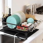 Qienrrae Dish Drying Rack with Drainboard, Stainless Steel Dish Drainers for Compact Kitchen, Dish Drainer with Utensil Holder, 360° Swivel Spout and Extra Dryer Mat, Black