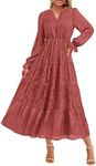 KIRUNDO Womens Spring Long Sleeve Maxi Dress Floral Elegant V Neck A Line Tiered Flowy Wedding Guest Cocktail Party Dresses(Bean Paste Red, XX-Large)