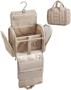 BAGSMART Travel Toiletry Bag with Removable Partition, Puffy Water-Resistant Fabric Hanging Organizer for Full-Size Toiletries, Accessories, Camel