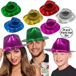 Party Gangster Hats 24 pcs | Metallic Assorted Colors, Plastic Fedora Party Hats for Kids, Adults | Costume, Dress Up, Photo Booth Parties | By Anapoliz