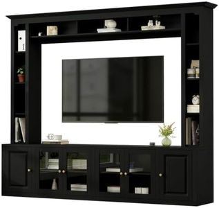 Entertainment Center TV Stand Media Console, Large Wall Unit with Bookshelves and Storage, Black MDF with Tempered Glass