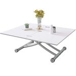 BELIWIN Lift Top Coffee Table White, Height Adjustable, Folding 2-Part Upper Surface, Dining Party Table for Living Room and Office