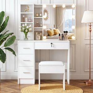Artiss Dressing Table, Dressing Table with Mirror Lights 10 LED Bulbs Makeup Vanity Desk with Mirror Chair Stool Set Wooden, Home Bedroom Furniture Girls Women Organisers, Drawer Shelf Tabletop White