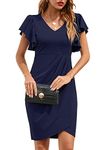 ihot Faux Wrap Dress for Women Casual Cocktail Party Evening Bodycon Knee-Length Dress Ruffle Sleeve V Neck Draped Ruched Sheath Elegant Wedding Dresses,Navy Blue,X-Large