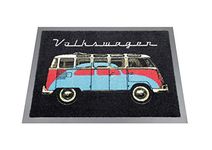 BRISA VW Collection - Volkswagen Foot Mat Doormat Rug Shoe Dirt Trapper with T1 Bus & Beetle Motif (Bus & Beetle/Black)