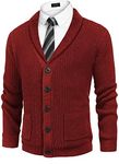 COOFANDY Mens Cable Knit Cardigan Sweater Casual Slim Fit V-Neck Button Up Shawl Collar Knitted Sweaters with Pockets Wine Red