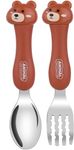 Nimbose® Kids Spoon & Fork Set, Stainless Steel Body with Sturdy Cartoon Handles with Carry Case, Portable Flatware Ideal for Travel & School (Random Design, Brown)