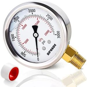 BPSSDI 0-3000 Psi Glycerin Liquid Filled Hydraulic High Pressure Gauge, 2.5" Dial Size, 1/4" NPT Lower Mount, 304 Stainless Steel Case, for Water Oil Air Gas Pressure Test