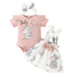 Loalirando Infant Newborn Girl Elephant Outfits 3Pc Romper Bunny Crab Suspender Skirt Set Headband Summer Fall Cute Clothes (Pink, 0-3 Months)