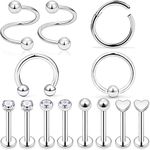 D.Bella 13Pcs 16G Tragus Earring Stainless Steel Helix Cartilage Daith Rook Earrings Spiral Twisted Barbell Lip Labret Ring Studs Piercing Jewelry for Women Men