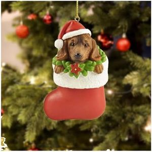 MeritMode Dog Figurine Christmas Ornament - Small Dachshund in Red Sock for Christmas Tree Decoration and Collectible