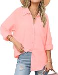 Zeagoo Long Sleeve Cotton Shirts for Women Loose Fit Woman V Neck Linen Tops Buttoned Up Blouses Coral