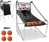 GYMAX Basketball Arcade Game for Home, Foldable Basketball Game w/ 8 Game Modes, Arcade Sound, Electronic Scoring, 4 Balls and Inflation Pump for All Ages Indoor Outdoor Fun (White+Light Blue)