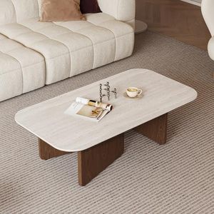 51 Inch Wood Coffee Table, Minimalist Industrial Center Table for Living Room – Modern Farmhouse Rectangle Coffee Table with Beige Stone Top, Light Oak Finish, Sturdy Home Office & Bedroom Table